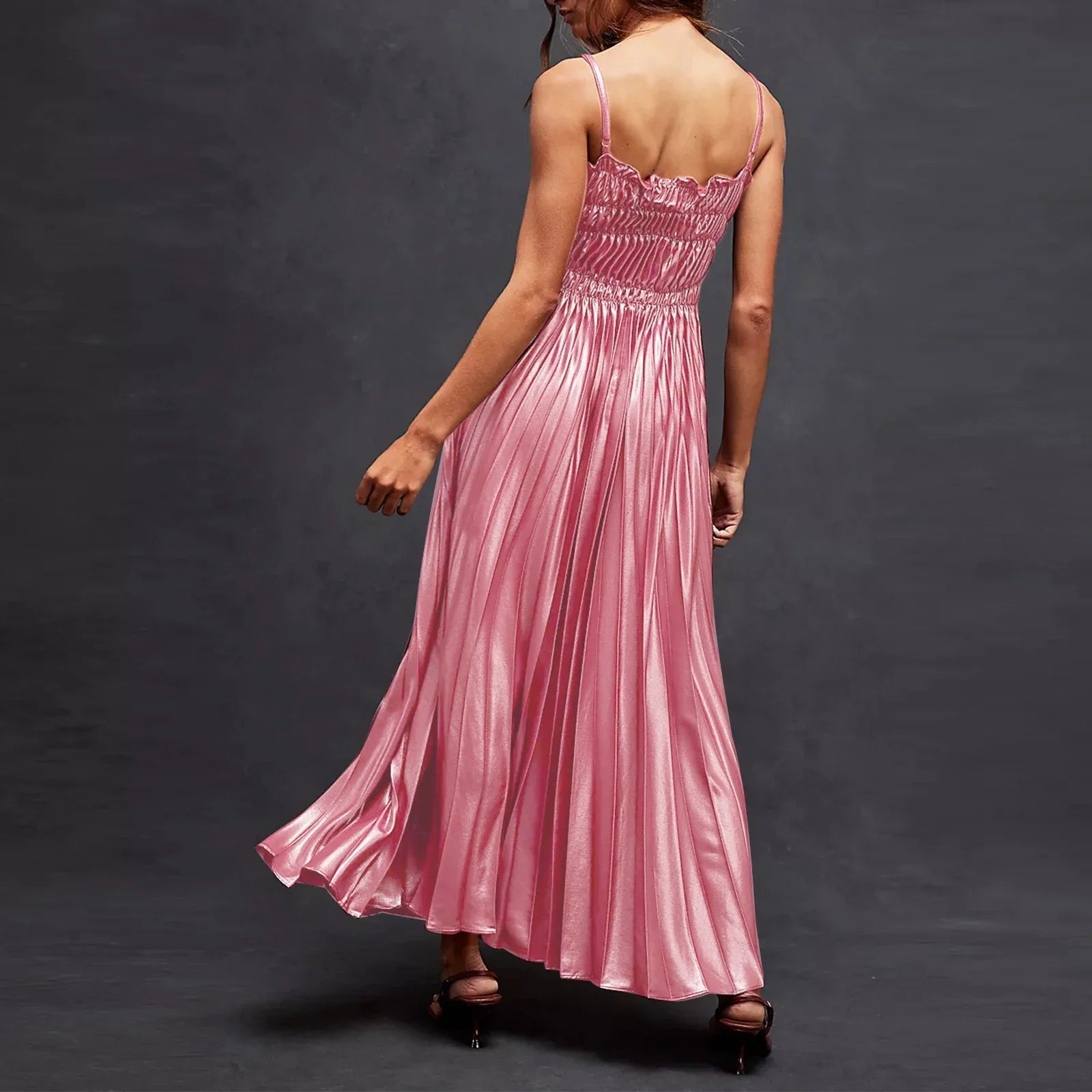 Women's Long Dress Adjustable Shoulder Straps Pleated Dinner Party Dress Smocking at bust Square Neck A-line Fit Dresses Femme