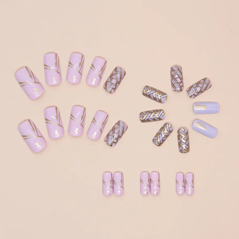 24 pieces long square French simple long wheat check nails +1 nail glue +1 nail file