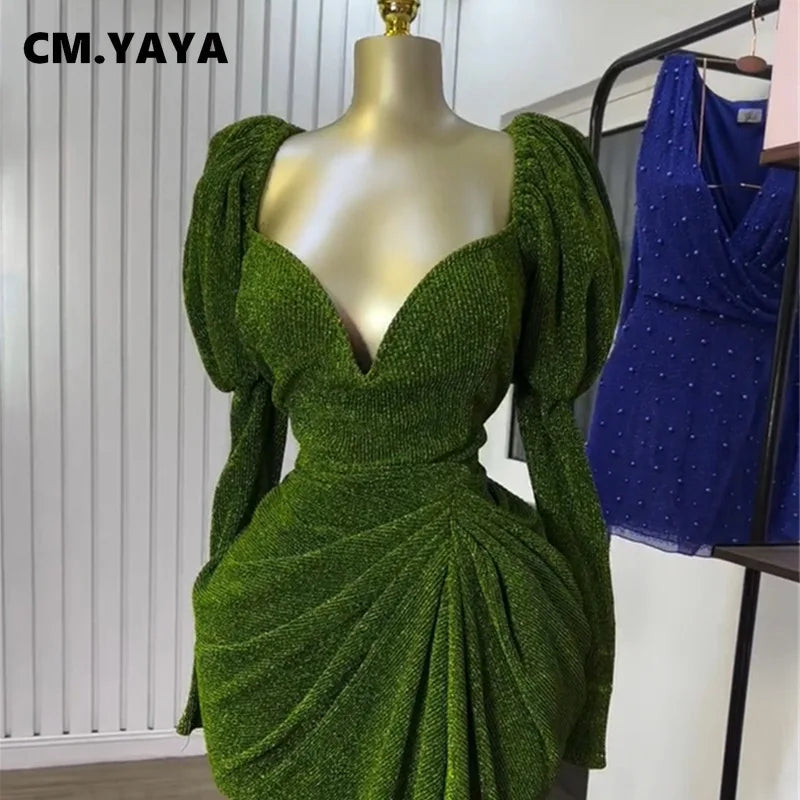 CM.YAYA Women Long Sleeve Strapless Ruched Mini Midi Dress 2025 Summer Evening Vacation Birthday Party Vestidos Sexy Dresses