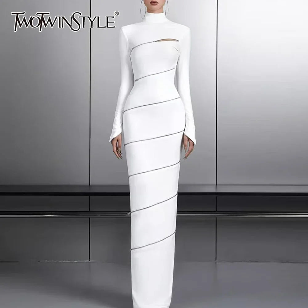 Solid Slimming Spliced Zipper Dress for Women Stand Collar Long Sleeve High Waist Dresses Female Temperament Style