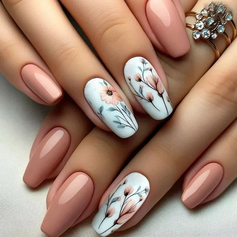 24Pcs Fashion Fake Nails Press on Long Ballet False Nails Art with Flower Design Brown Detachable Full Cover Nail Tips Manicure 1832