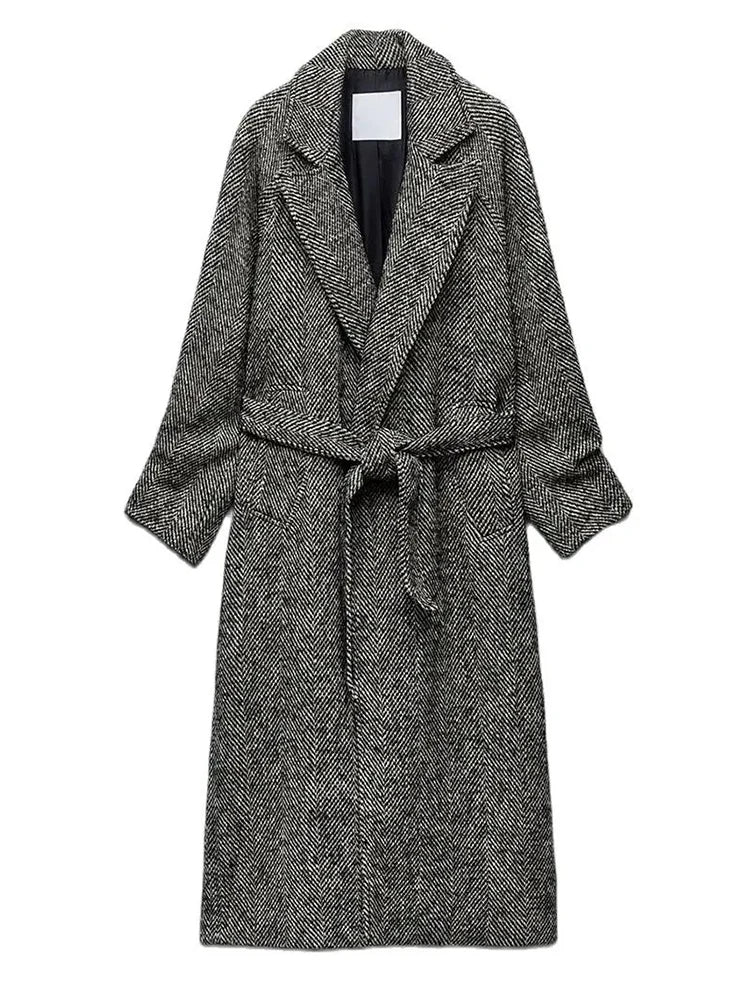 Women's Warm Windbreaker Fall And Winter New Retro Long-Sleeved Classic Jacket Herringbone Twill With Belt Windbreaker