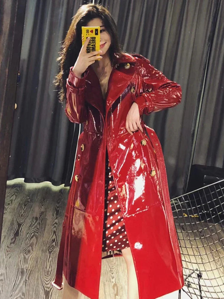 Autumn Long Shiny Reflective Patent Faux Leather Trench Coat for Women Sashes Double Breasted Runway European Fashion red