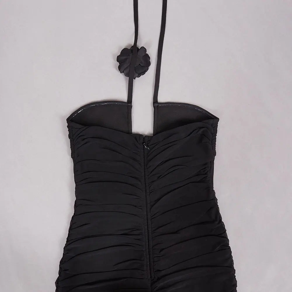 2024 Sexy Women'S Black Chiffon Dress Hanging Neck Style Sleeveless Three-Dimensional Flower Design Bodycon Backless Mini Dress