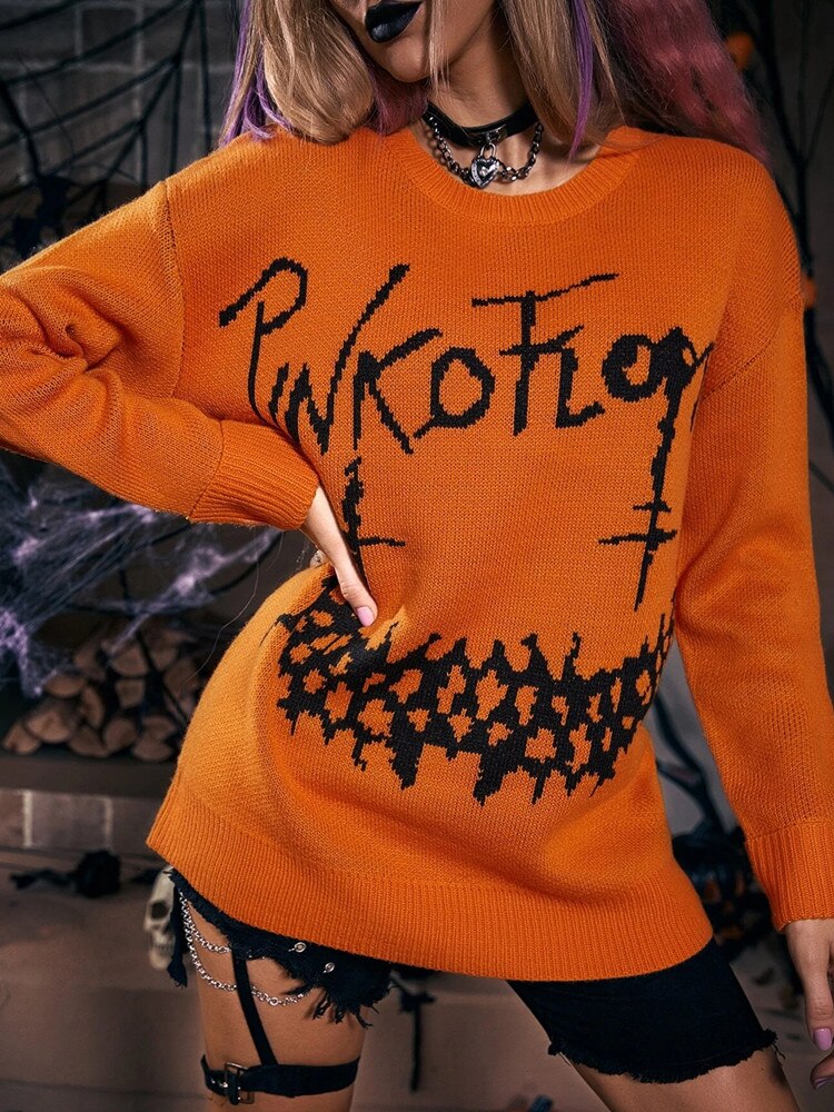 Yangelo Halloween gothique lettre motif tricoté pull Punk rue rétro basique femmes automne hiver chaud pull ample