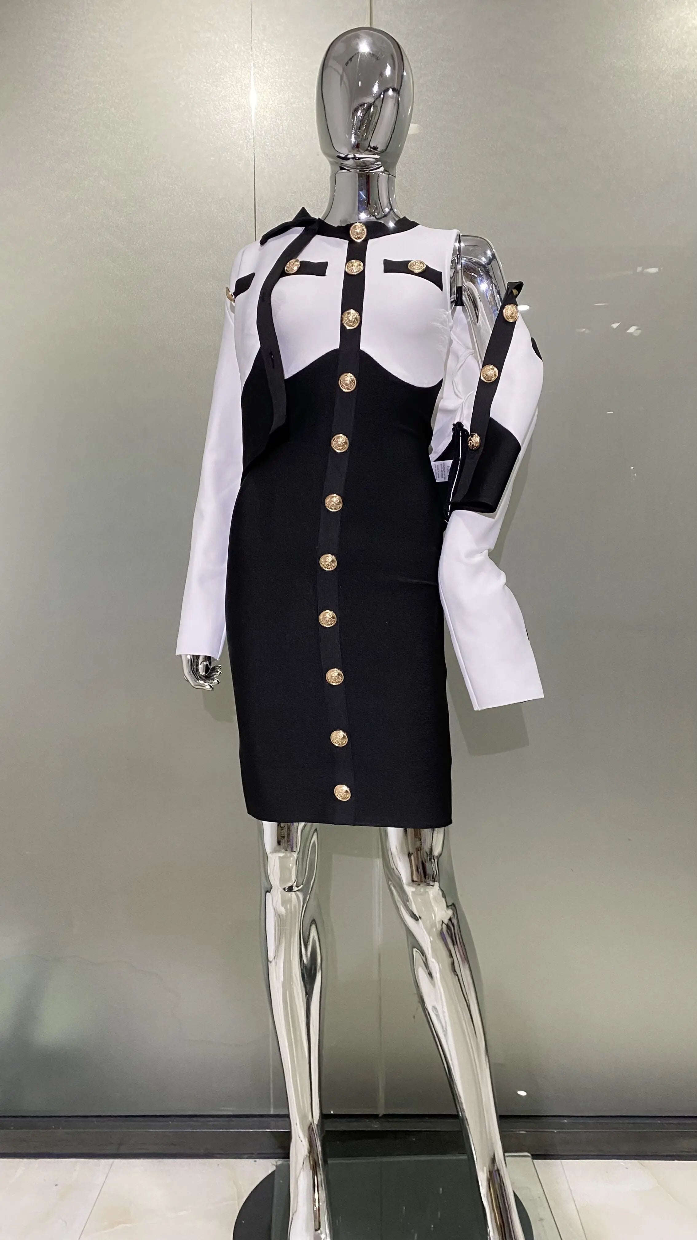 New Arrivals Fashionable Women's Bandage Set Golden Buttons White Patchwork Black Coat And Sleeveless Bodycon MIini Dress