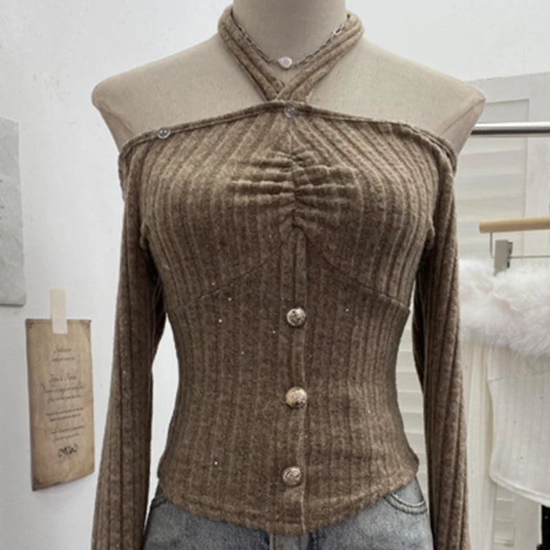 Spring New Detachable Fur Collar Lace-Up Halter Neck Off-Shoulder Knit Sweater For Women Slim Fit Short Top 11A07918