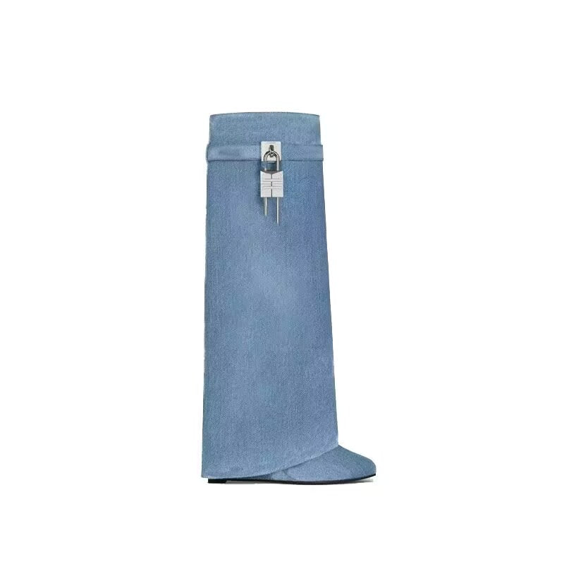 Women's New Knee High Boots Shark Lock Long Thick Soled High-heeled Boots Designer Luxury Brand Women's Leather Boots