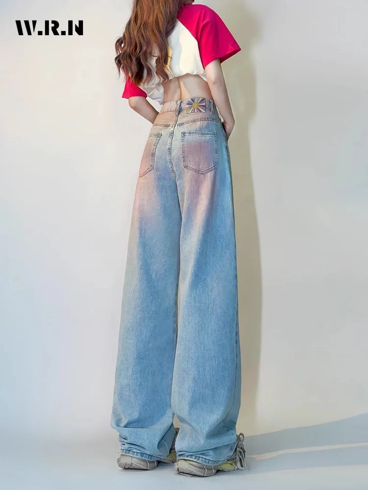 Korean Women's Wide Leg Baggy Y2K 2000s Denim Trouser Fashion Sweet Casual High Waist Pants High Street Blue Straight Jeans