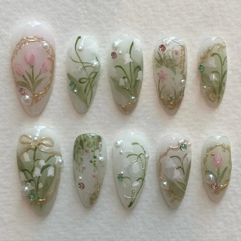 24pcs Sweet Almond Fake Nail Tips Hand-painted Flower Pearl Pattern Blush Pink Press On Nails Gentle Ins Style False Nails Y4