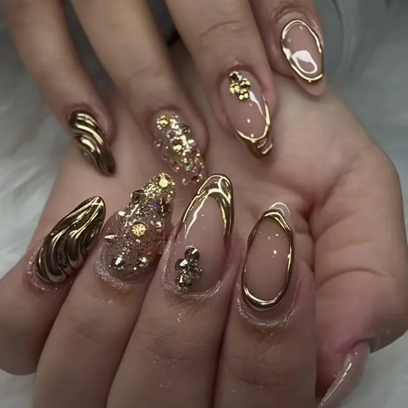 24Pcs Nude Pink Almond Fake Nails with Golden Lines Design Long Round Head Press on False Nails Wearable Full Cover Nail Tips 1042