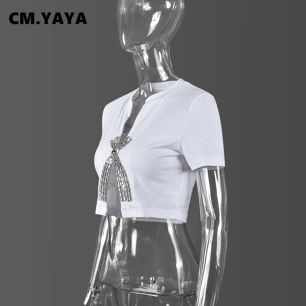 Women Fashion Diamonds Hot Rhinestones Bowknot Short Sleeve T-shirt Streetwear Elastic INS Tee Tops