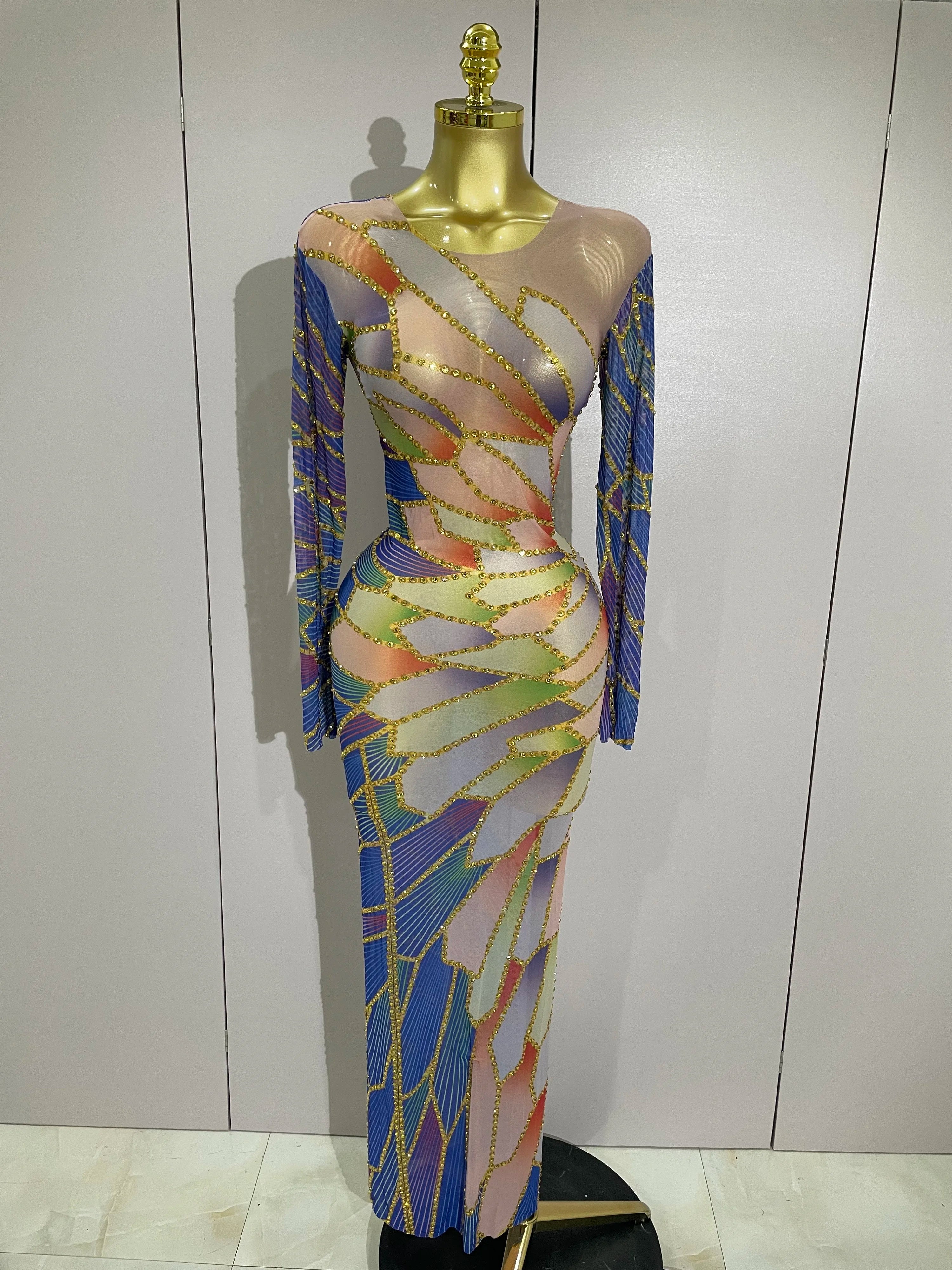 2025 New Luxury Sparkly Rhinestone Stretchy Mesh See Through Long Dress Women Birthday Party Performance Nightclub Stage Costume MULTI