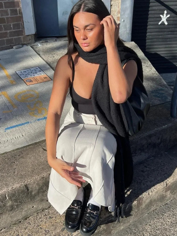 Patchwork High Waist Slim Long Skirt Female Solid High Street Elegant Fashion Seamless Vintage White Women's Maxi Skirt