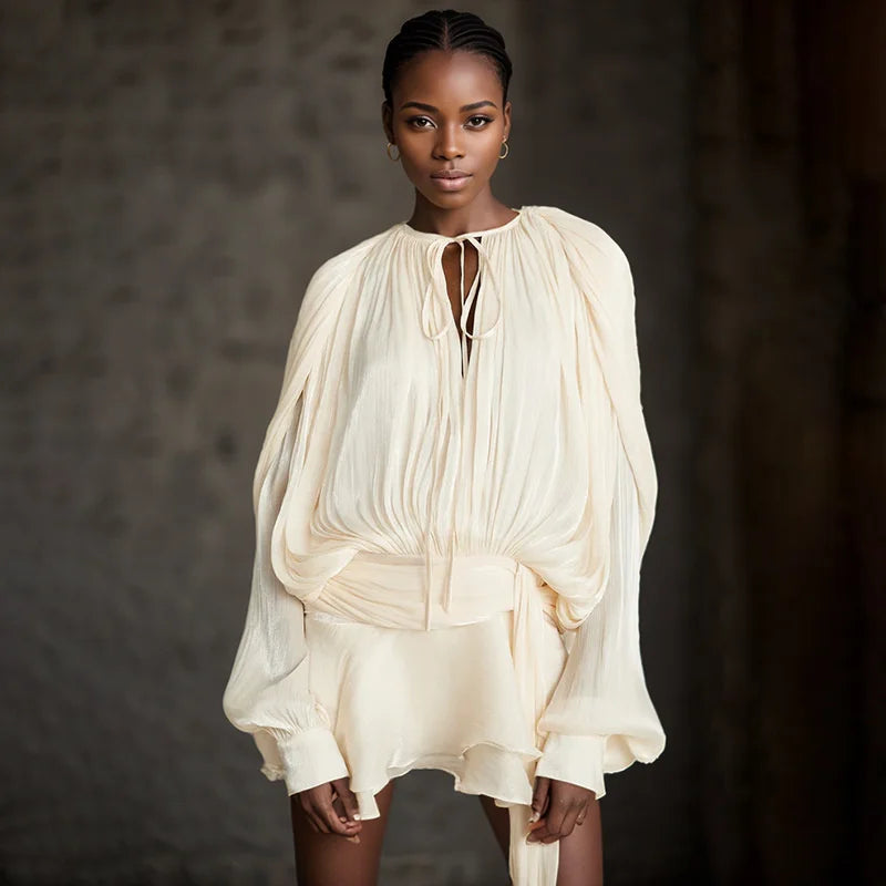 2025 Spring Solid Spliced Lace Up Loose Dresses For Women O Neck Long Sleeve High Waist Temperament Dress Female Fashion New