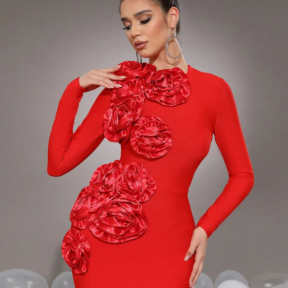 2025 Elegant Women's 3D Flower Decorative Bandage Dress O-neck Long Sleeve Bodycon Long Dress Cocktail Evening Party Vestidos