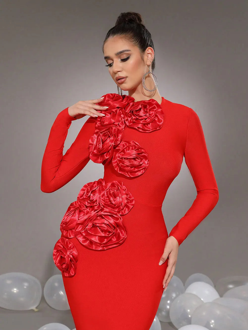 2025 Elegant Women's 3D Flower Decorative Bandage Dress O-neck Long Sleeve Bodycon Long Dress Cocktail Evening Party Vestidos