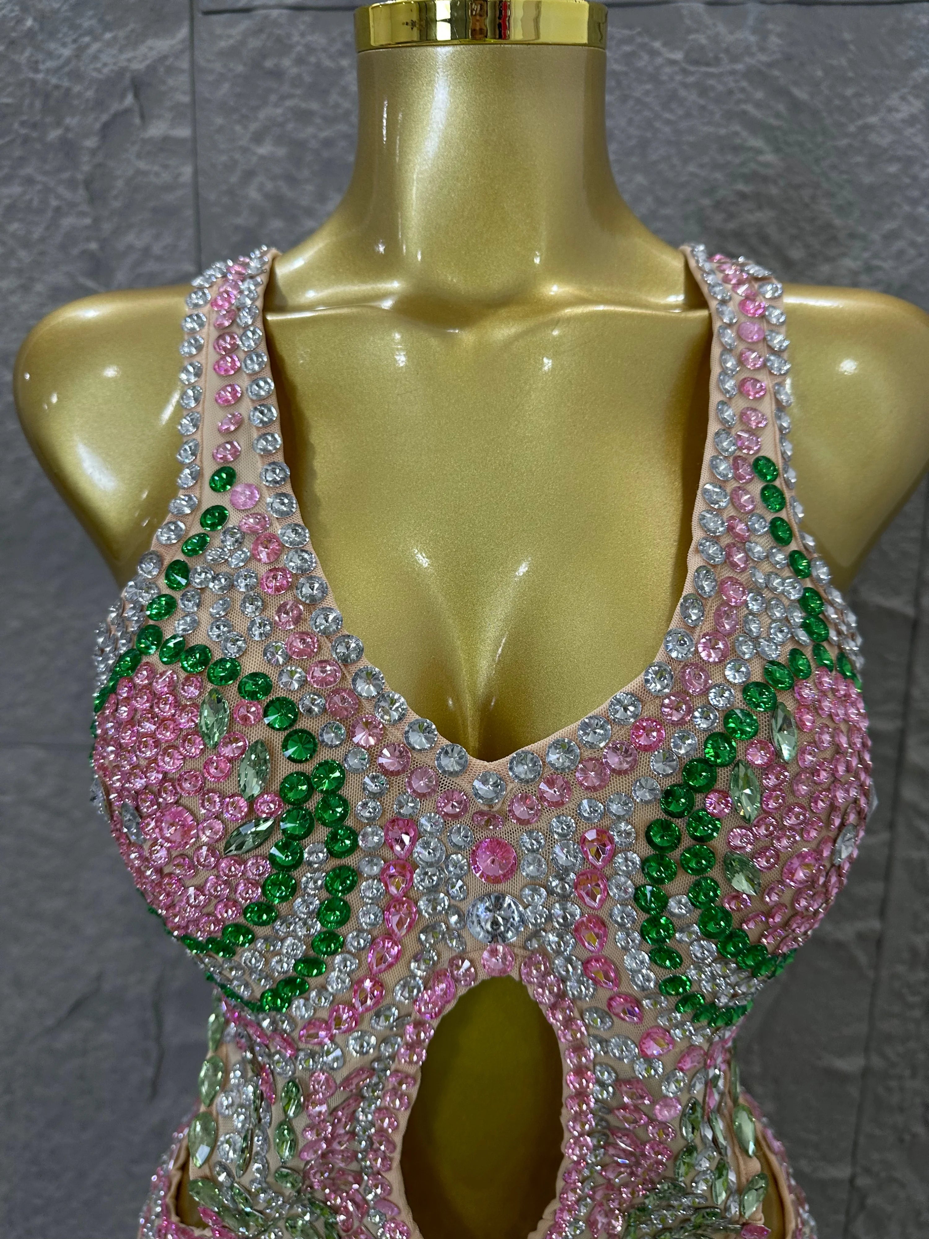 Sexy 2026 Crystal Bodysuit Women Sexy U-Neck Sheer Mesh Cutout Rhinestone Fringe Bodycon Outfit Nightclub Party Costume