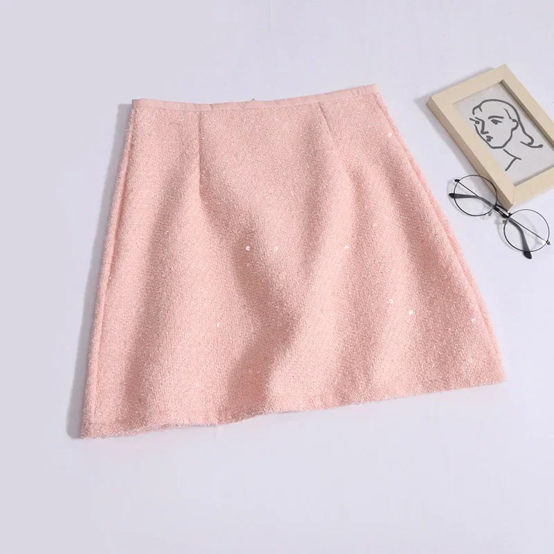 ABRINI Women Office High Waist A-line Tweed Skirt Party Mini Slim Skirt Chic Shiny Slim Skirts For Women Spring Summer PINK