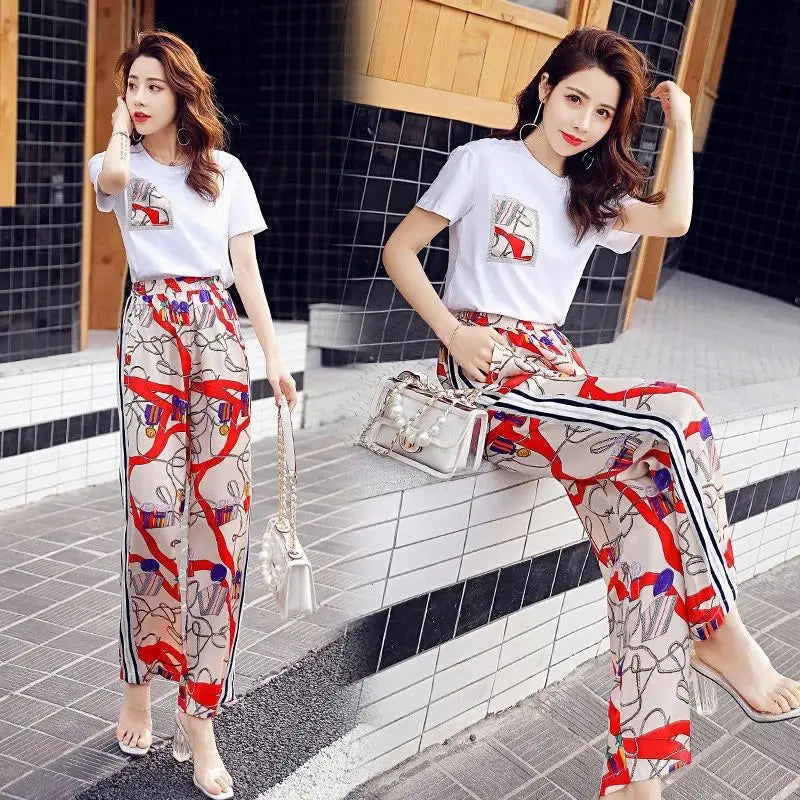 Women Casual Plus Size Clothing Suit 2025 Summer New Fashion Large Korean Short Sleeve Top Wide Leg Pants 2 Two Piece Set Female