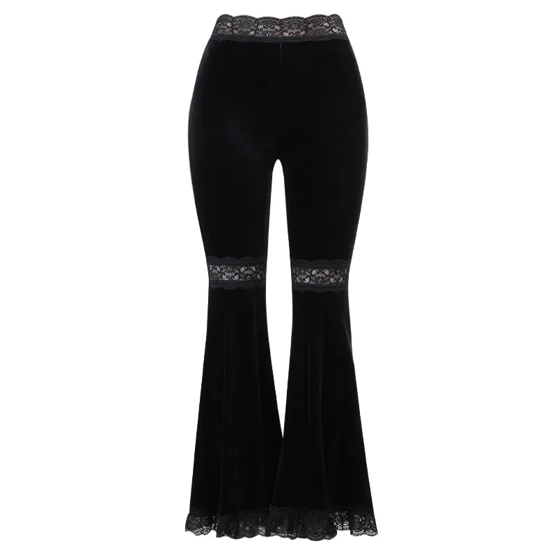 Y2K Gothic Black Lace Mesh Flared Pants Sexy Harajuku Aesthetic See Through Long Trousers Vintage Women Summer Pants Streetwear 22530