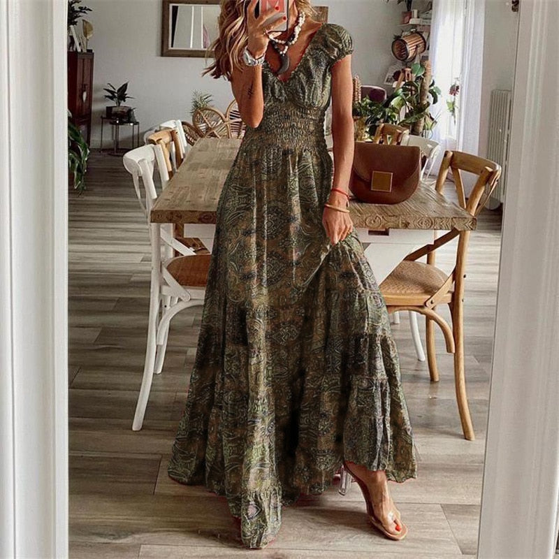 Vintage Long Dresses Women Summer Floral Print Bohemian Beach Sundress Woman Retro V Neck Big Swing Party Maxi Dresses
