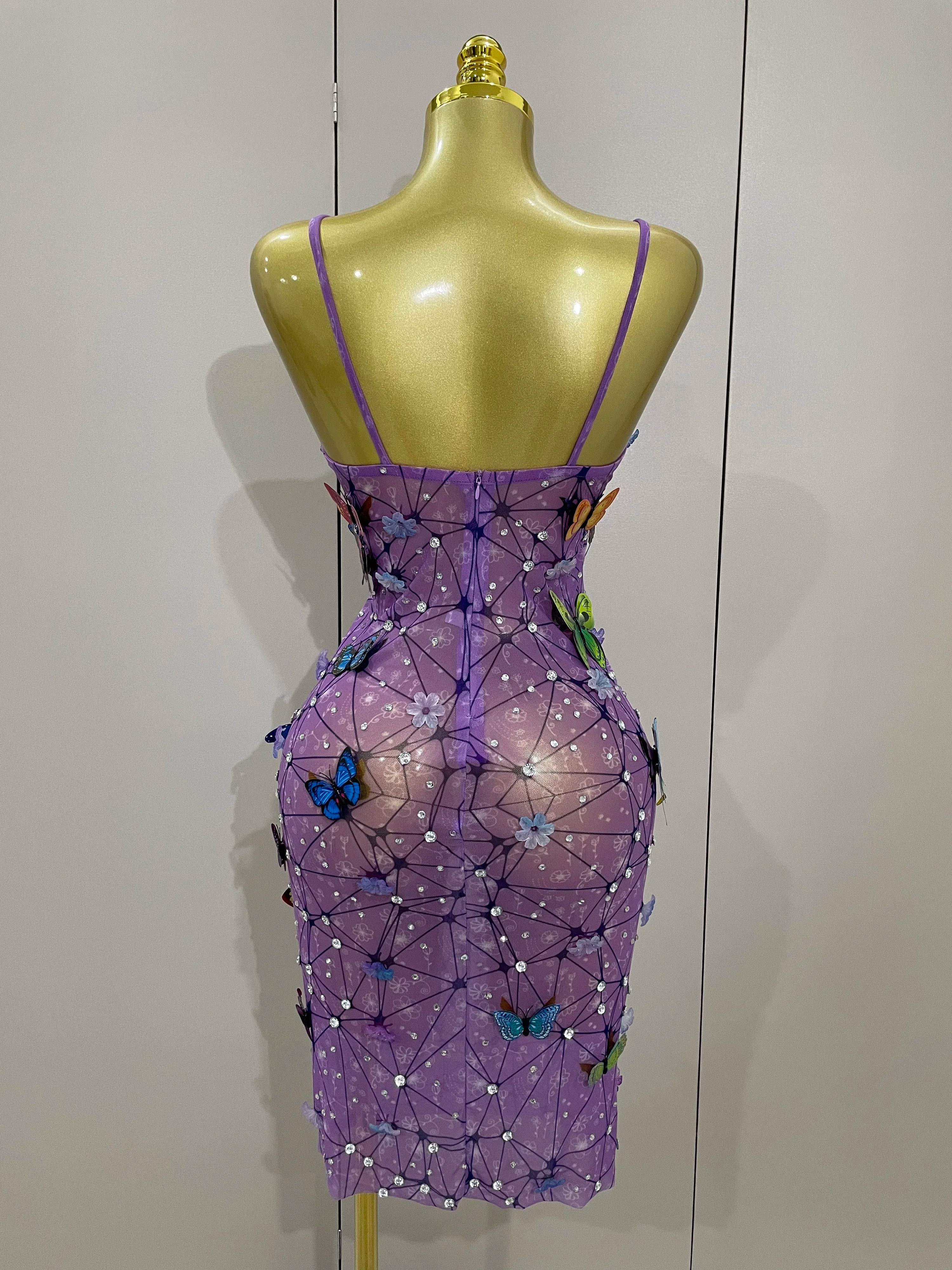 Women Celebrity Luxury Birthday Nightclub Stage Outfit 2025 Sparkly Butterfly Purple Sexy Mesh See Through Dress