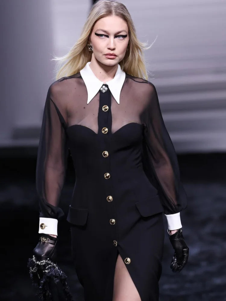 2024 New Golden Buttons White Collar Mesh Patchwork Bandage Long Dress Elegant Woman Evening Party Dress Fashion Party Outfit