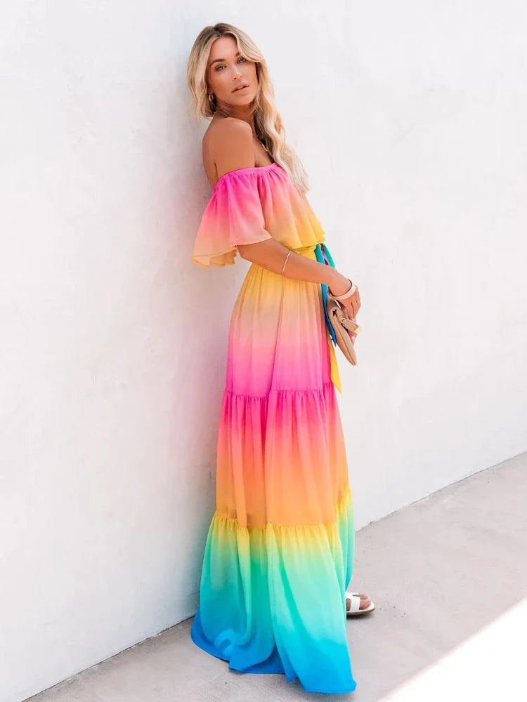 Multicolored Bohemian Ruffled Off Shoulder Self Belted Party Dress Cotton Tunic Women Boho Maxi Dresses Vestidos A324