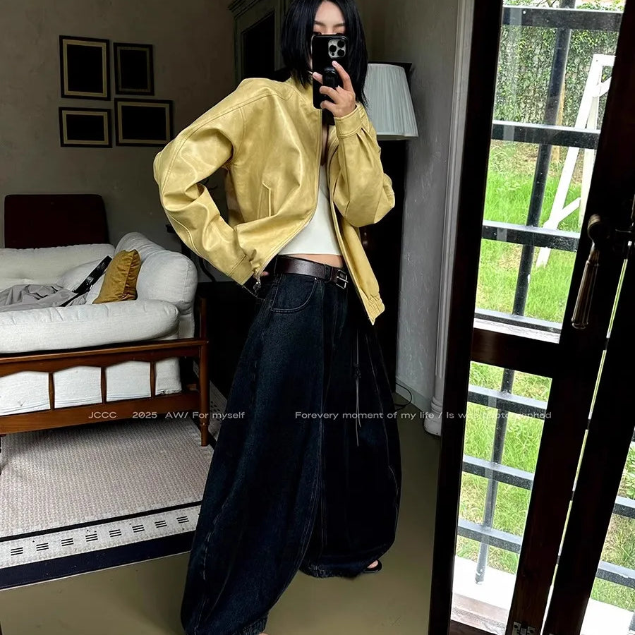 Lautaro Autumn Cool Short Oversized Distressed Yellow Pu Leather Jacket Women Zipper High Quality American Retro Unisex Clothes