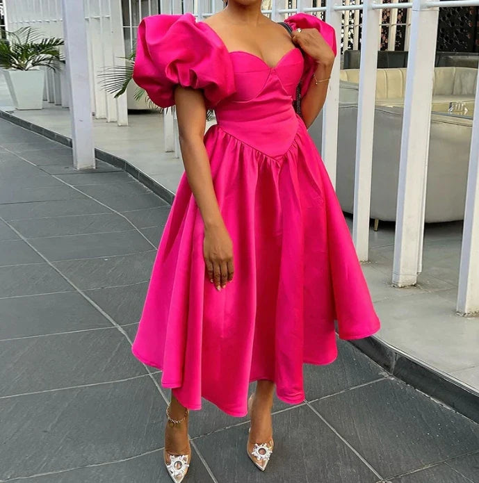 Party Dresses for Women Fashion Casual Square Neck Bubble Sleeves Solid Waist Closing Mid Length Slim Fit Sexy Girl Dress