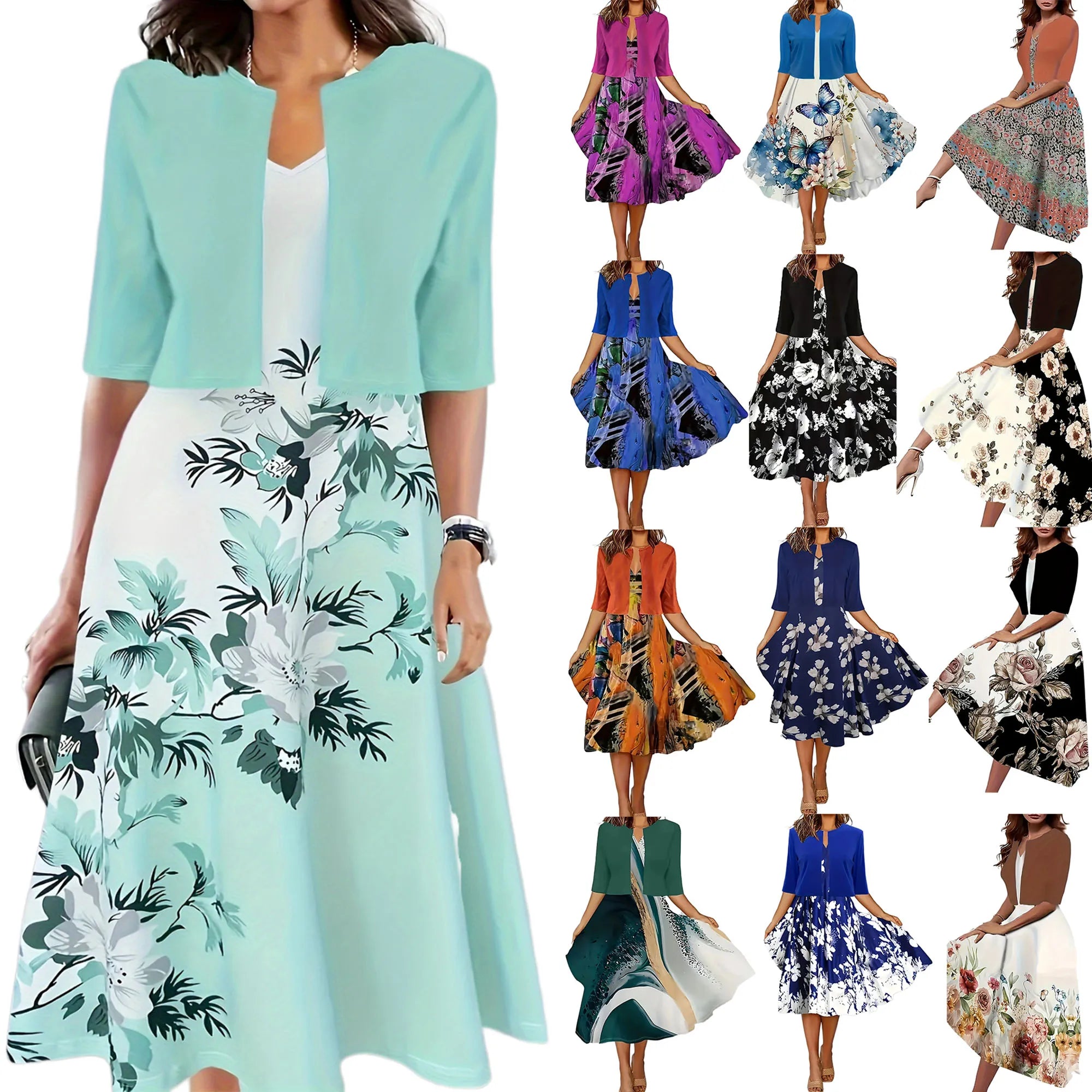 New for summer 2024! Eu-us Fall Women's 2 long Dress Set - floral and grass print crew neck dress with chiffon short coat