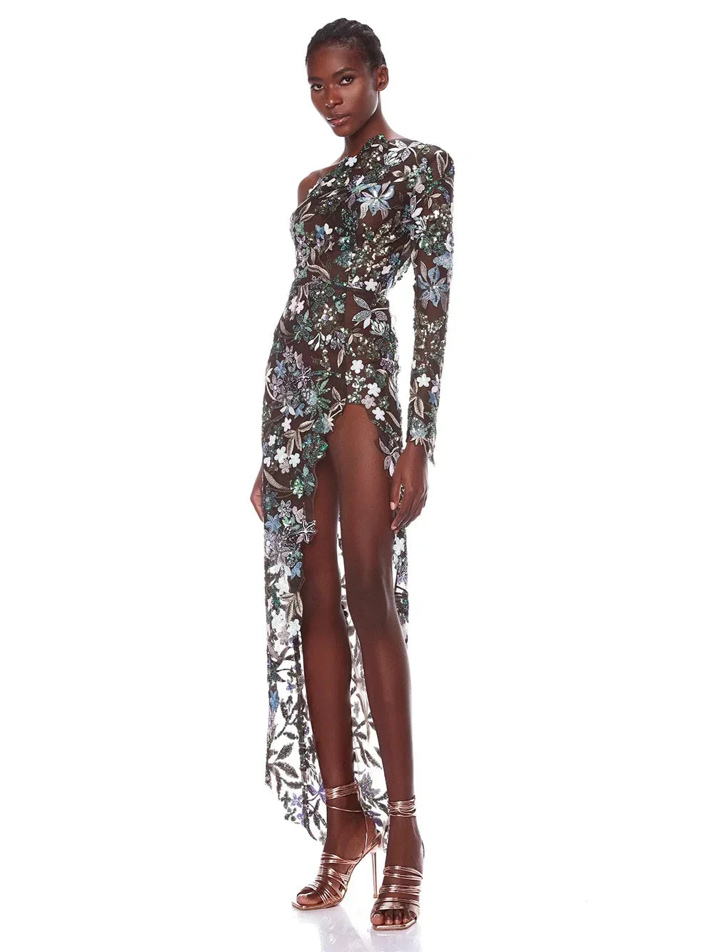 Sexy Women One Shoulder Long Sleeves Luxury Sequin Floral Embroidered Asymmetric Flower Slim Long Dress Bodycon Party Dress