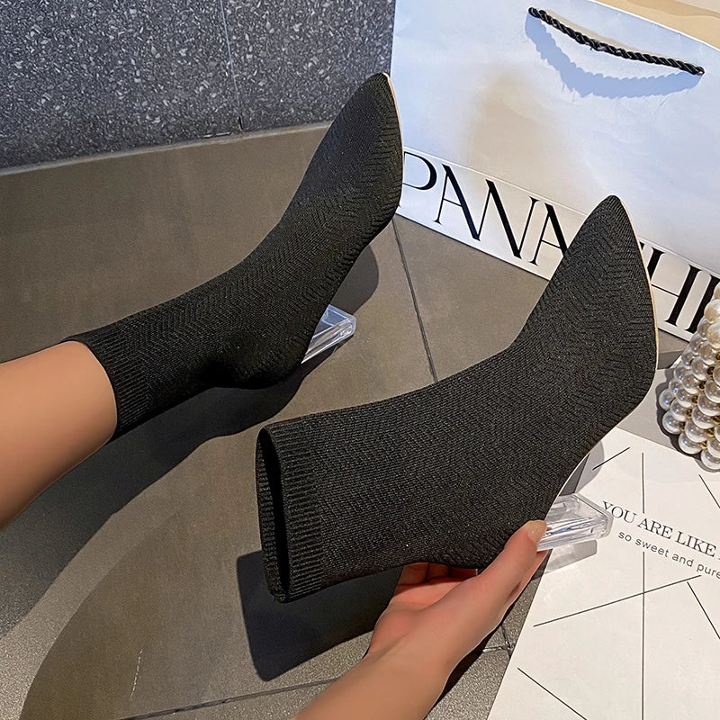 Winter Ladies Socks Boots Women's Elastic Fabric Elastic Stilettos Heel Pointy Booties Women's Shoes Boat Shoes