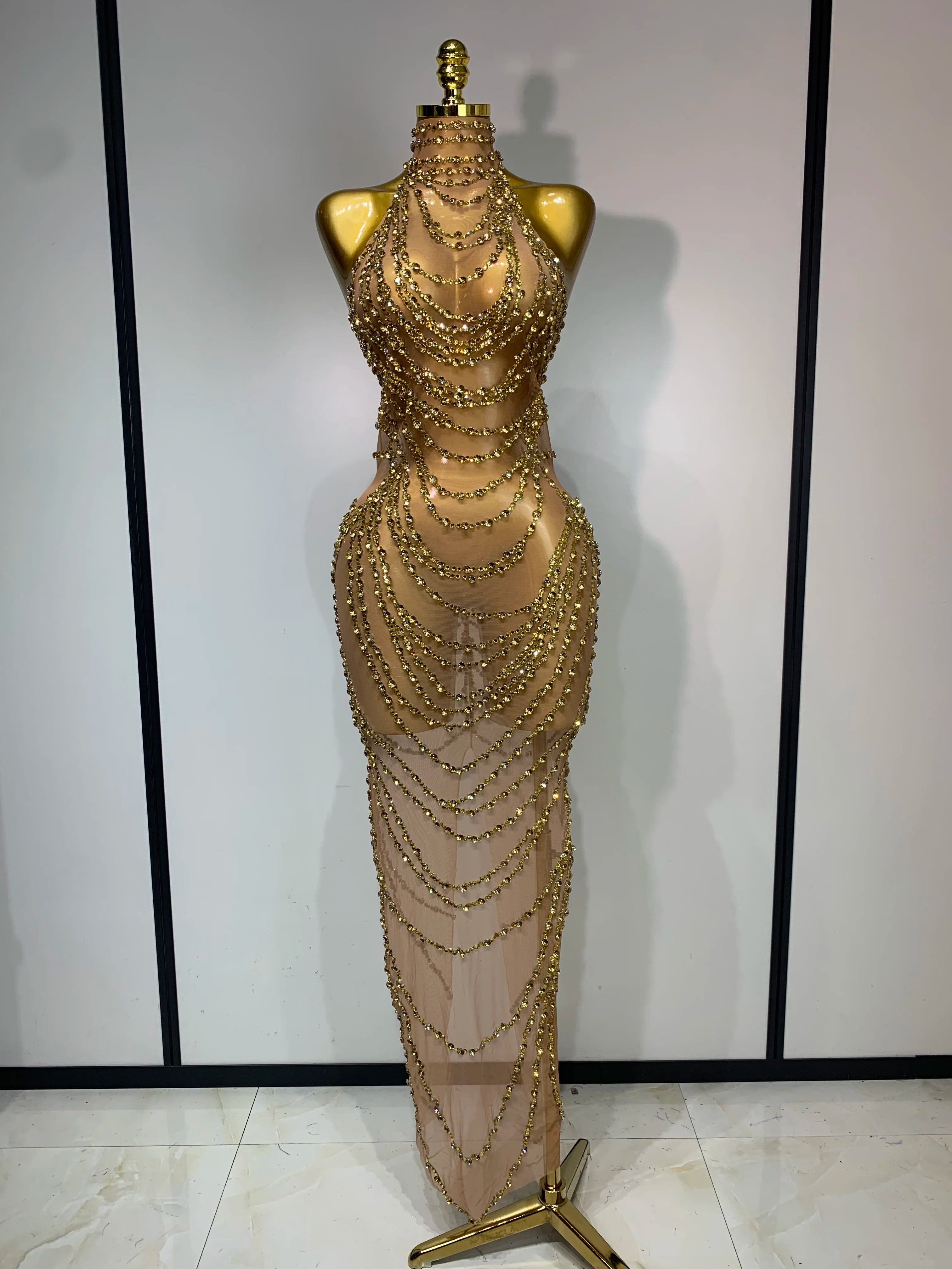 Sparkly Rhinestone Sexy Transparent Mesh Long Dress 2025 Women Luxury Birthday Club Party Gown Stage Singer Performance Costume Gold
