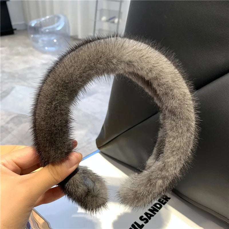 Hot Sale Women Luxury winter 100% Real Mink Fur Headbands Real Fur Hair Band Lady Fashion Hair Hoop Furry Gift Dark grey