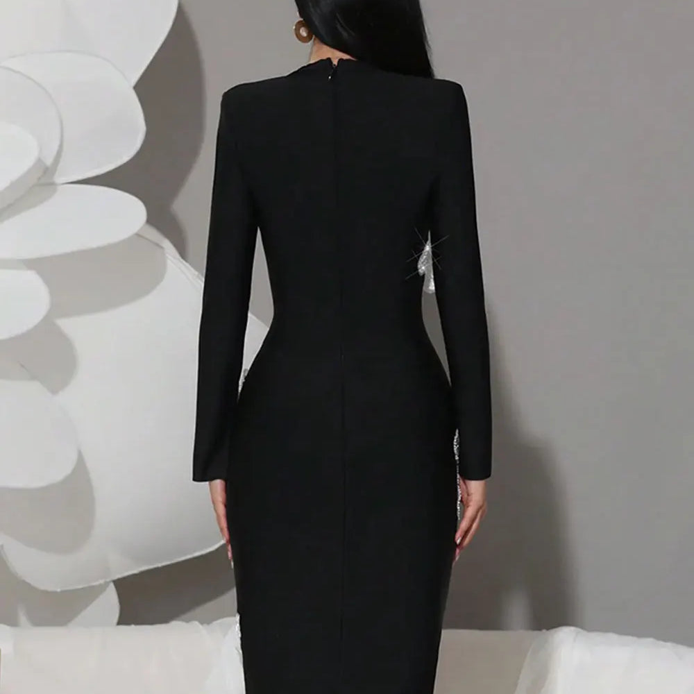 2025 Women's Light Luxury 3D Flower Design Bandage Dress Square Neck Long Sleeve Bodycon Flute Dress Evening Club Party Vestidos