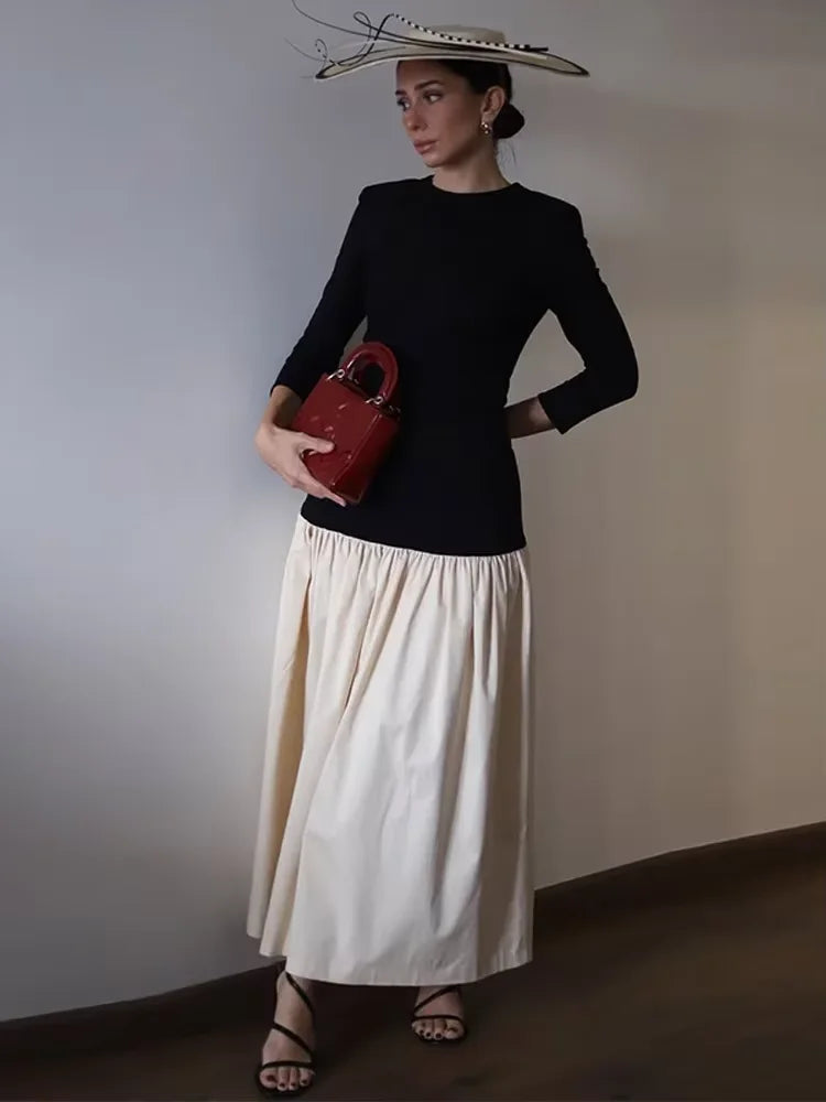 Vintage Women Ruffle Edge Splicing Full Sleeve Dress Fashion Round Neck A-line Maxi Dresses 2025 Lady New Spring Highstreet Robe Black