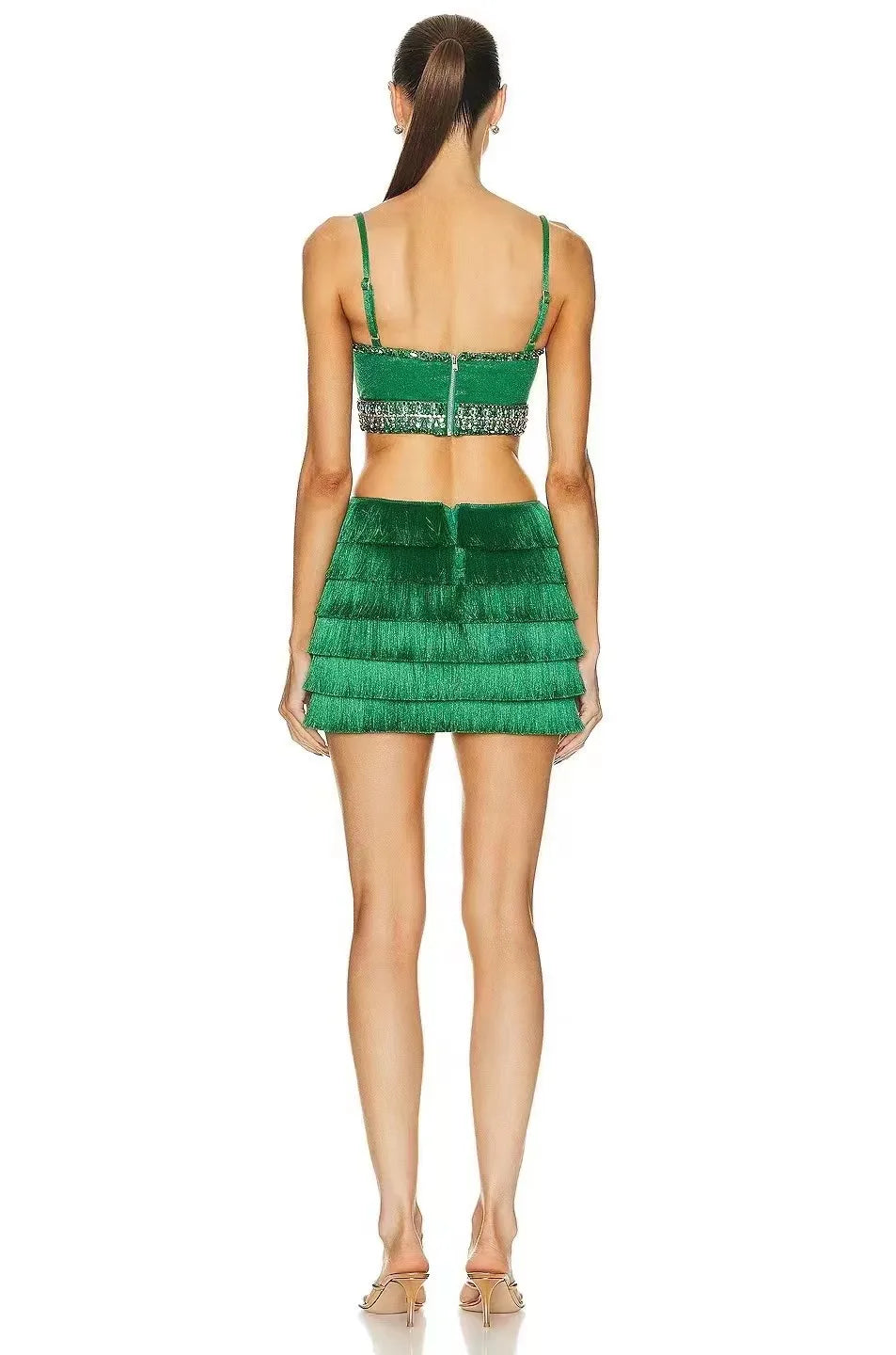 2024 New Green Color Women Sexy Strap Bodycon Mini Bandage Dress Tassels Shinning Crystal Nightclub Party Celebrate Dress