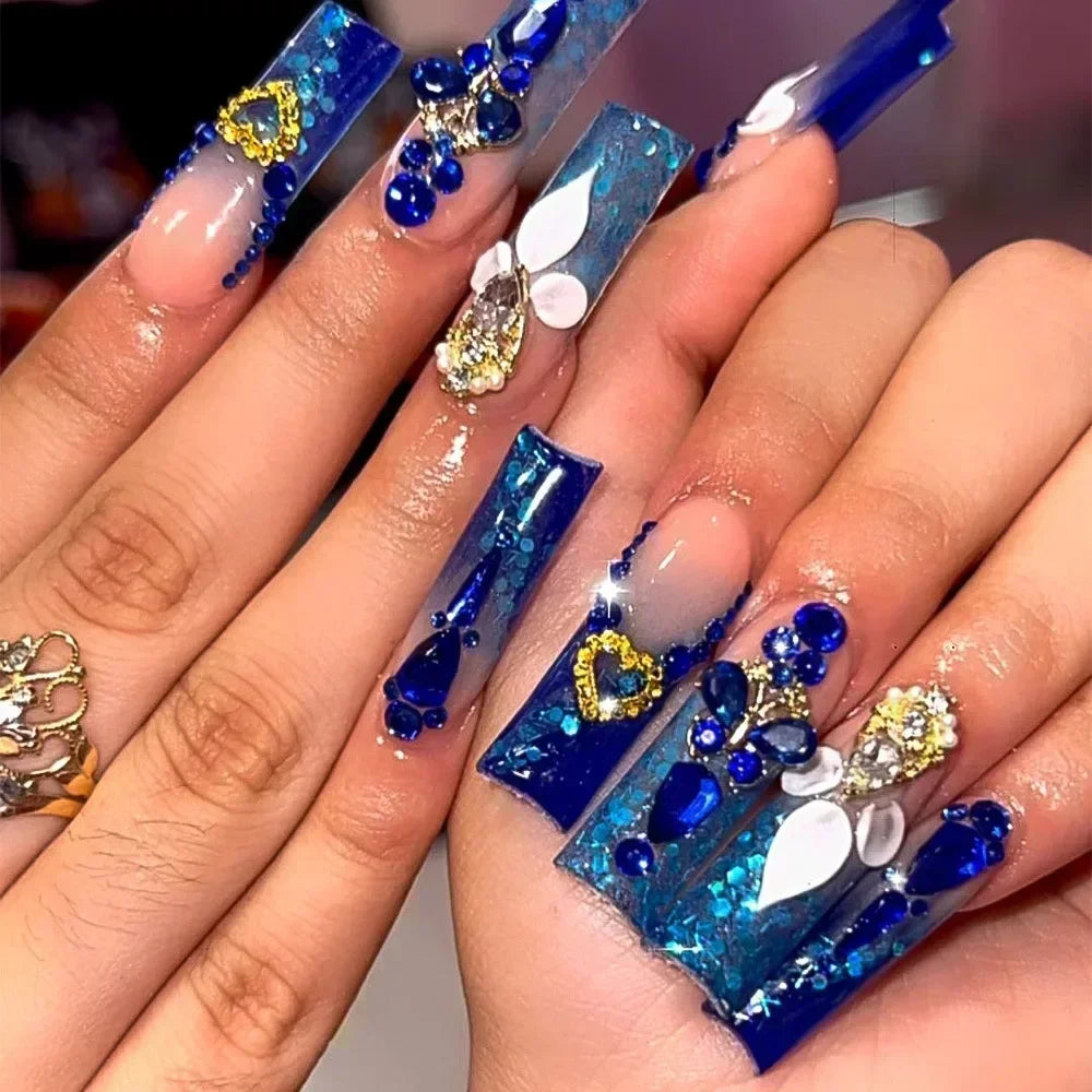 24Pcs Wearable Colorful Butterfly Designs French Press on Nails Long Ballet False Nails with Rhinestone Acrylic Fake Nails Tips 10