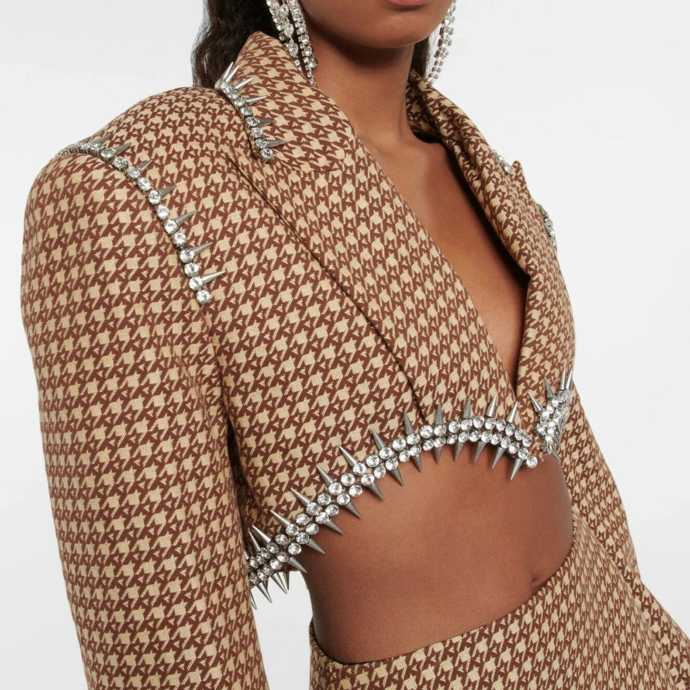 Solid Two Piece Set For Women Notched Collar Long Sleeve Spliced Diamond Blazer High Waist Skirt Casual Set Female