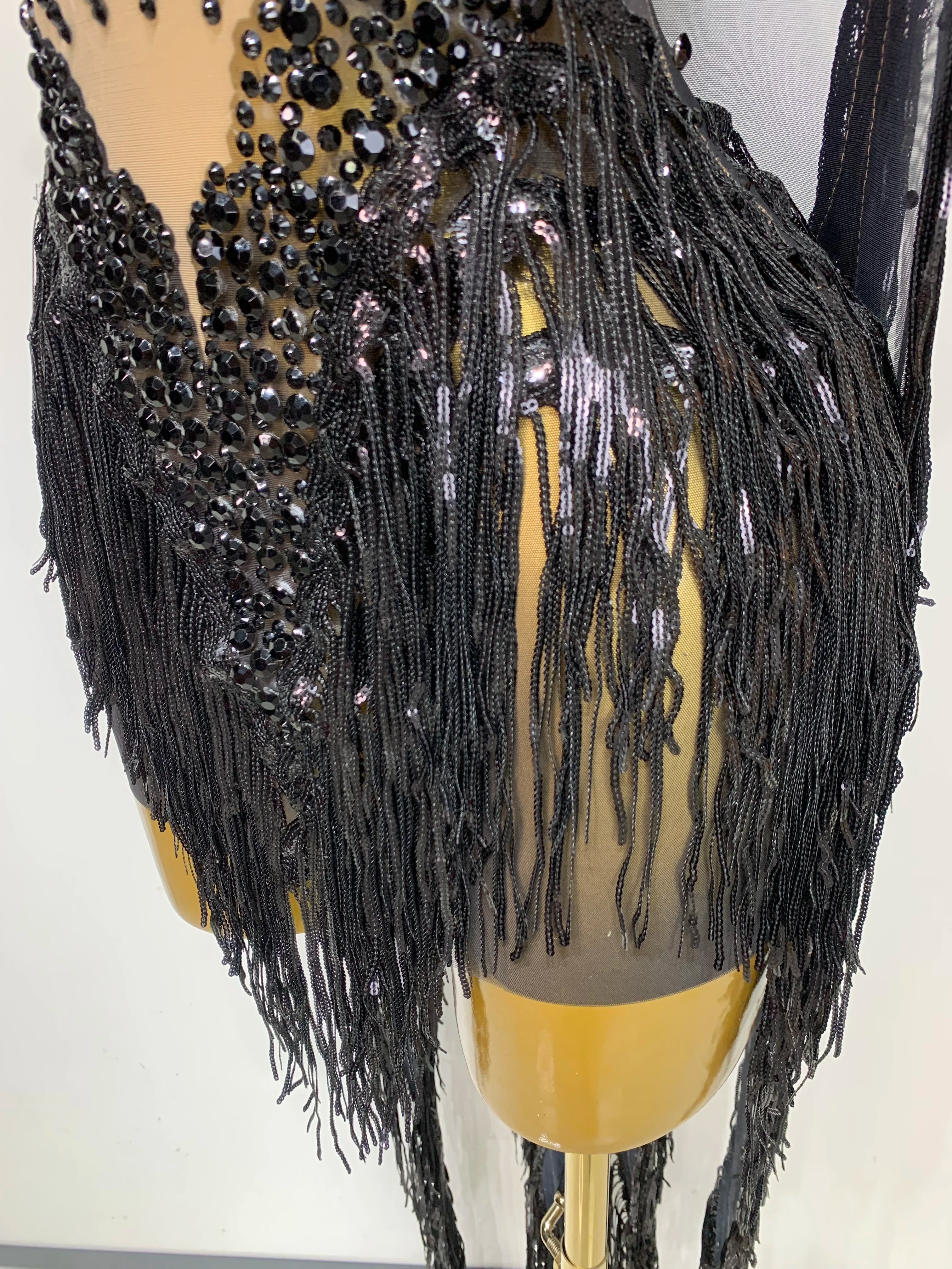 Sexy Sparkly Rhinestone Sequins Tassel Mesh Transparent Dress Women Evening Birthday Party Nightclub Dance Singer Stage Outfit