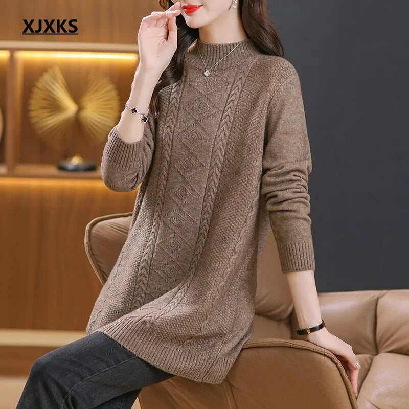 XJXKS Winter Warm Thickened Wool Knit Dress Mid-length Womens Clothing Jumper 2024 New Solid Colour All-match Pullover Auburn