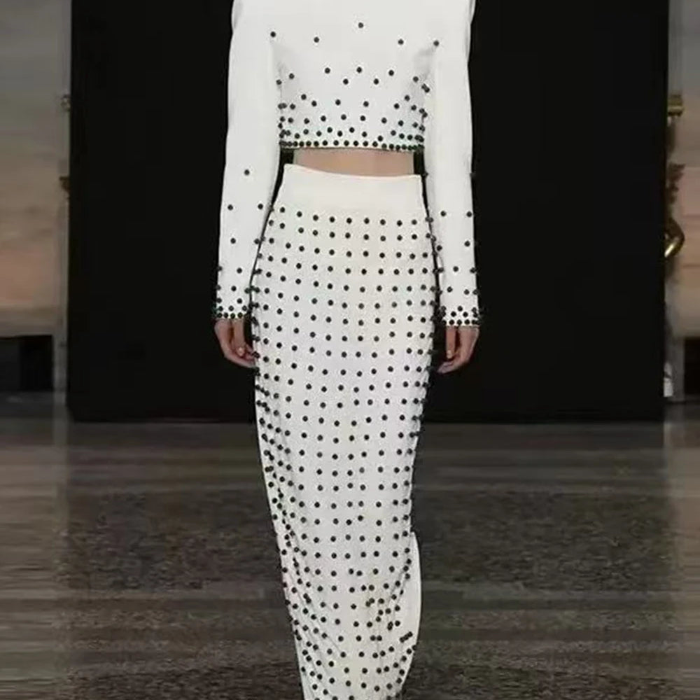 Women'S Black And White Beaded Short Top+Long Skirt Bandage Two-Piece Set Elegant Evening Party Female Outfit 2025 New