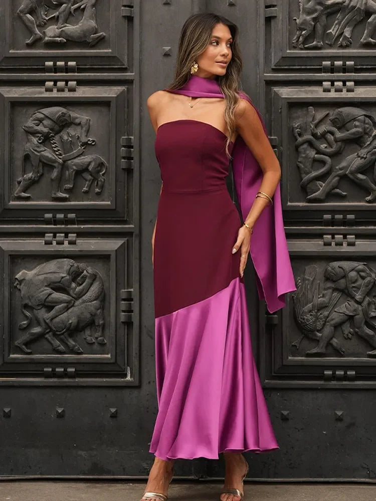 2025 Chic Purple Shawl Collar Off Shoulder Maxi Dress Fashion Contrast Spliced Pleated Hem Backless Robe Lady New Party Dresses