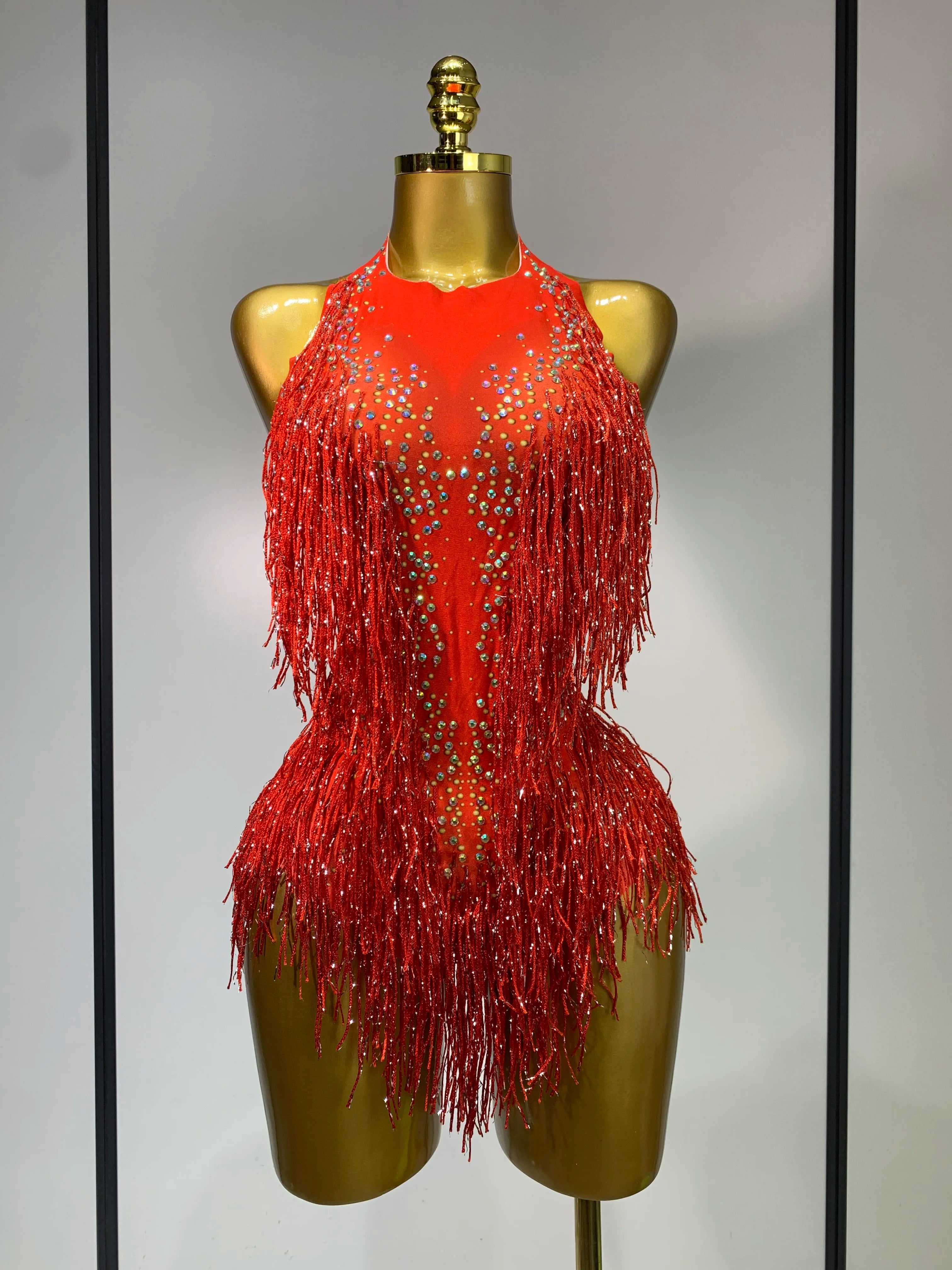 Sparkly Rhinestones Fringes Leotard Women Nightclub Evening Party Outfit Dance Costume Stage Outfit Sexy Performance Bodysuit red