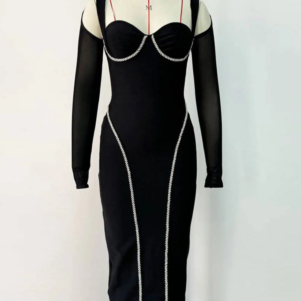 2025 Sexy Women's Light Luxury Nail Diamond Bandage Dress O-neck Long Sleeve Hollow Design Bodycon Midi Dress Party Vestidos