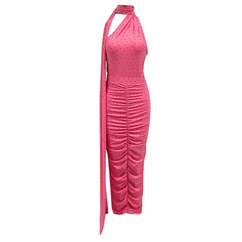 Elegant Sleeveless Halter Ribbon Ruched Details Backless Body Suit With Beaded Maxi Long Skirt Two Pieces Set Casual Wearing Pink