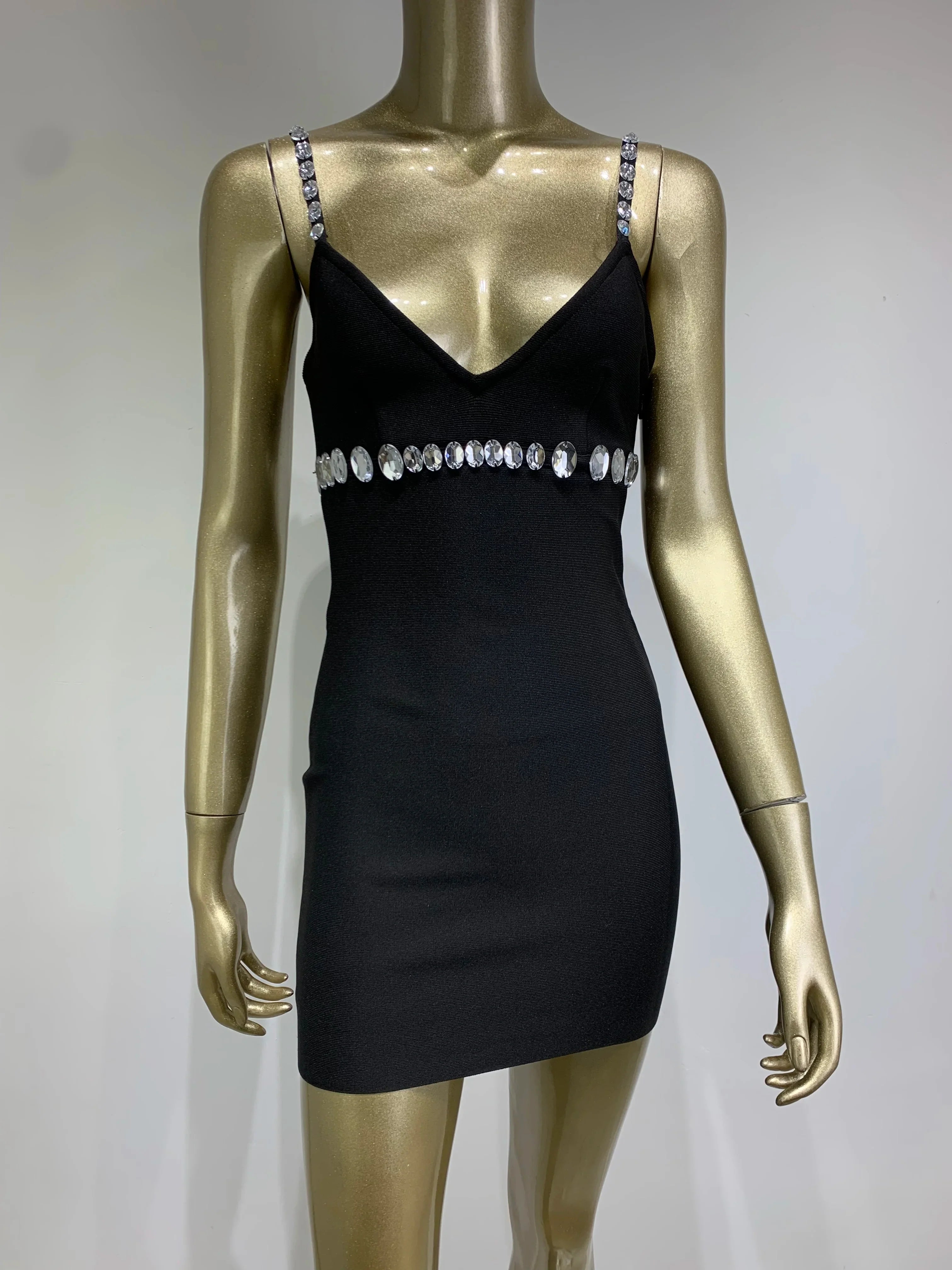 Women Celebrity Sexy V Neck Beading Rhinestone Black Mini Bodycon Bandage Dress Elegant Evening Club Party Dress