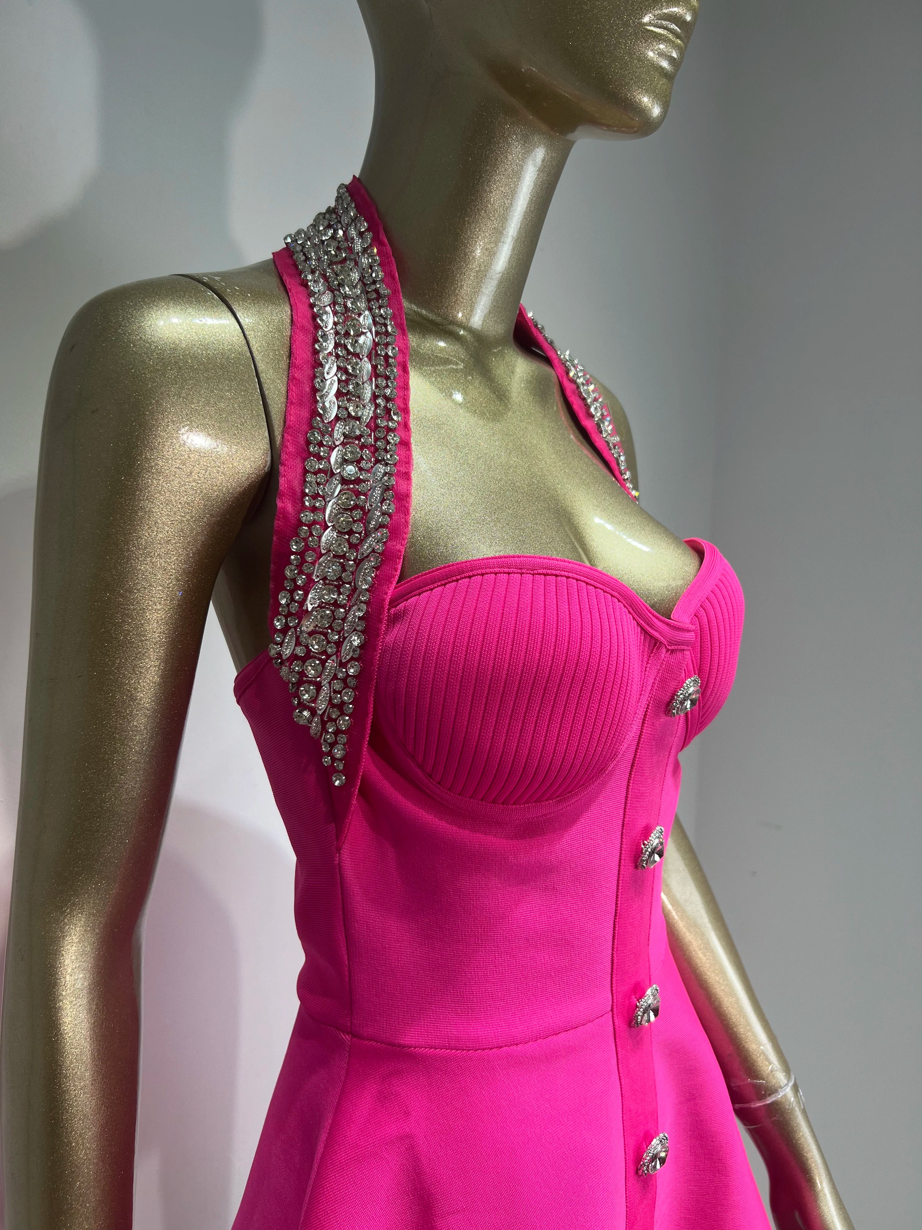 Rosered Black Color Women Sexy Off the Shoulder Halter Shinning Crystal A-Line Bandage Mini Dress Celebrate Nightclub Party Wear